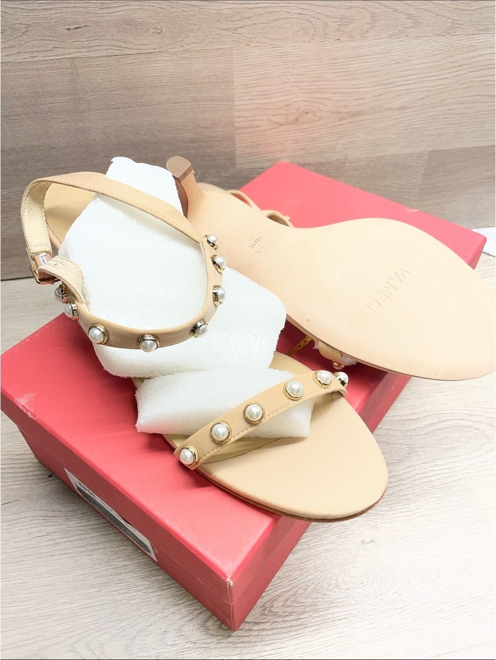 Vaneli Beige Pearl-Stud Slingback Flat Sandals #272
